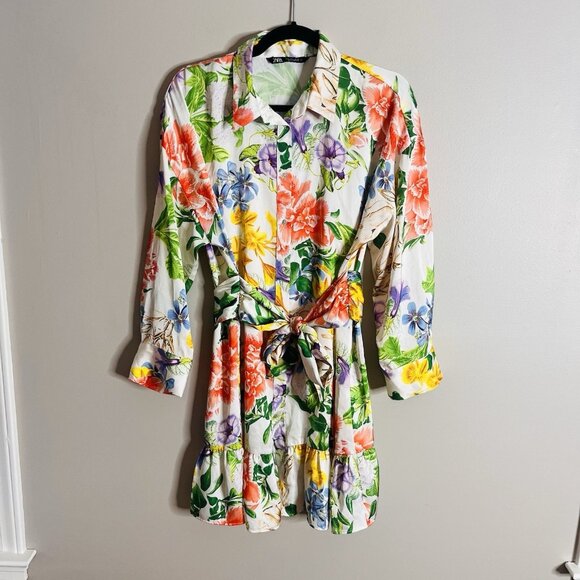 Zara Dresses & Skirts - Zara Size Large Satin Floral Ruffle Balloon Sleeve Mini Shirt Dress
